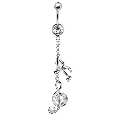 316L Surgical Steel Music Note Treble Clef CZ Gem Dangle Belly Ring