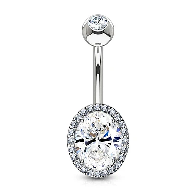 316L Surgical Steel Oval Pave White CZ Belly Ring