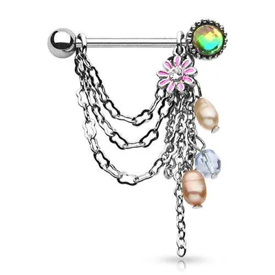 316L Surgical Steel Pearl and Flower Beads Art Dangle Nipple Ring Barbell