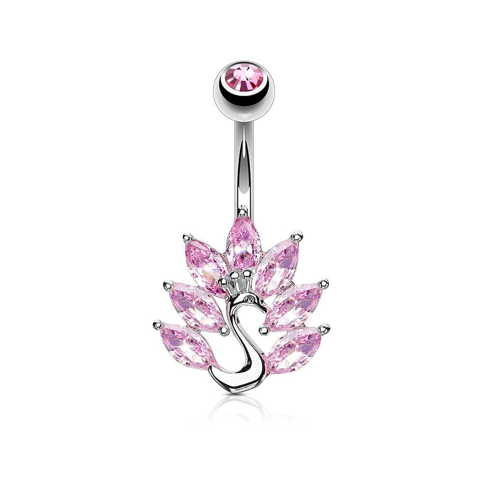 316L Surgical Steel Pink CZ Peacock Belly Ring