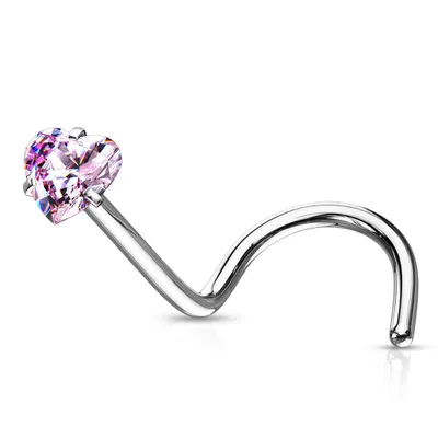 316L Surgical Steel Pink Heart CZ Corkscrew Nose Pin Ring