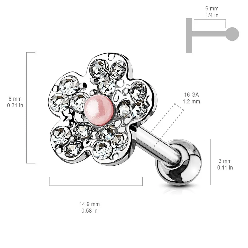 316L Surgical Steel Pink Pearl White CZ Flower Cartilage Stud