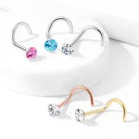 316L Surgical Steel Pink Round CZ Prong Gem Corkscrew Nose Ring Stud