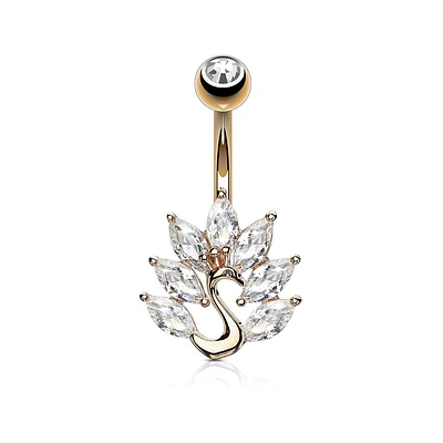 316L Surgical Steel Rose Gold Plated White CZ Peacock Belly Ring