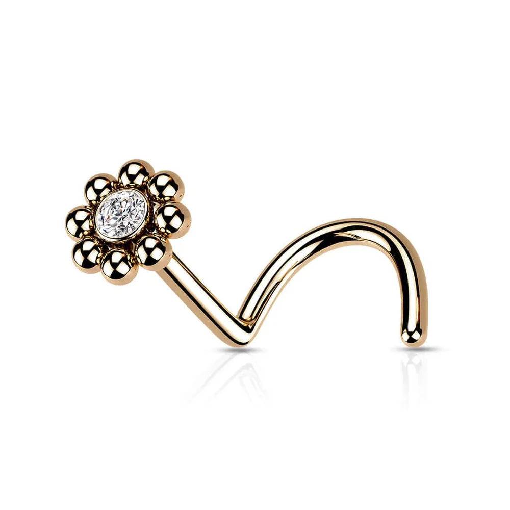 316L Surgical Steel Rose Gold PVD Ball White CZ Gem Flower Corkscrew Nose Ring Stud