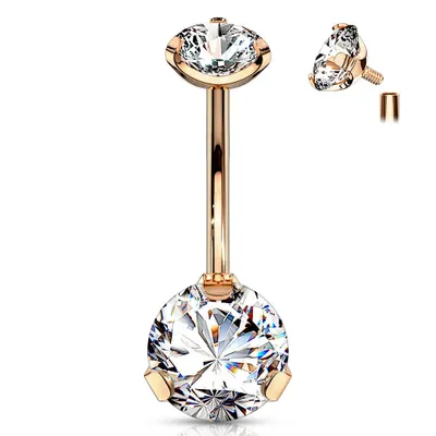 316L Surgical Steel Rose Gold PVD Internally Threaded White CZ Belly Ring