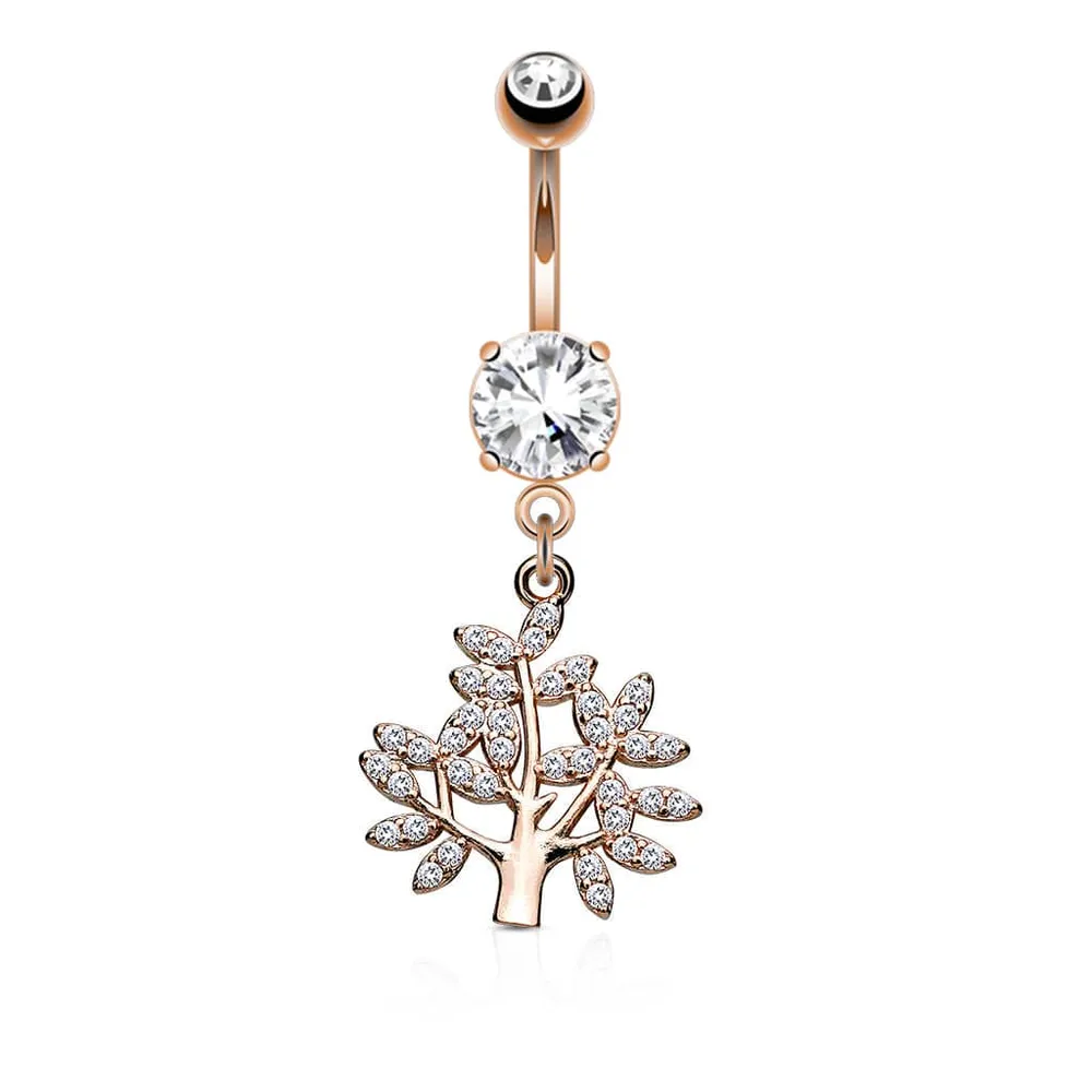 316L Surgical Steel Rose Gold PVD Tree Of Life White CZ Dangle Belly Ring