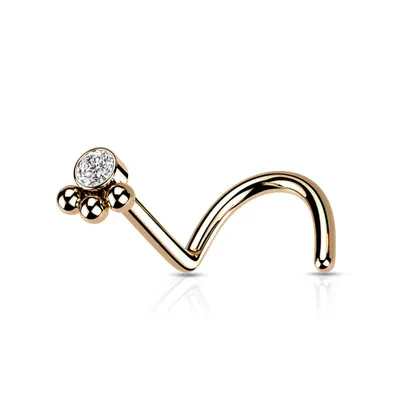 316L Surgical Steel Rose Gold PVD Tribal Ball White CZ Corkscrew Nose Ring Stud