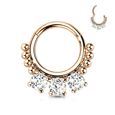 316L Surgical Steel Rose Gold PVD White CZ Beaded Hinged Septum Clicker Hoop