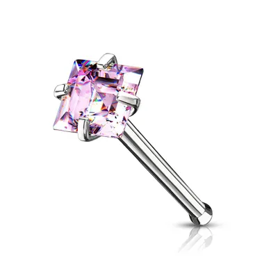 316L Surgical Steel Square Pink CZ Ball End Nose Pin