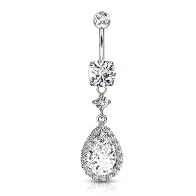 316L Surgical Steel Teardrop White CZ Pave Dangle Belly Ring