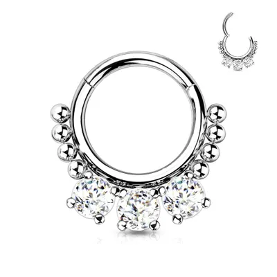 316L Surgical Steel White CZ Beaded Hinged Septum Clicker Hoop
