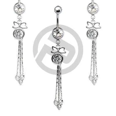 316L Surgical Steel White CZ Bow Ribbon Gem Chain Dangle Belly Ring