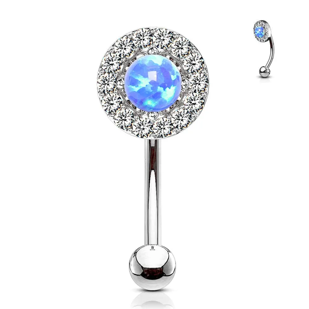 316L Surgical Steel White CZ Gem Cluster & White Opal Curved Barbell