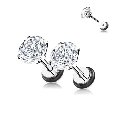 316L Surgical Steel White CZ Round Clawed Fake Plug Earrings