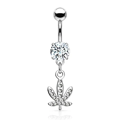 316L Surgical Steel CZ Weed Leaf Dangle Belly Ring