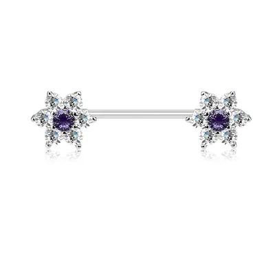 316L Surgical Steel White & Tanzanite CZ Flower Nipple Ring Barbell