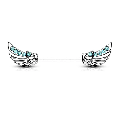 316L Surgical Steel Wing Nipple Ring with Aqua Gems