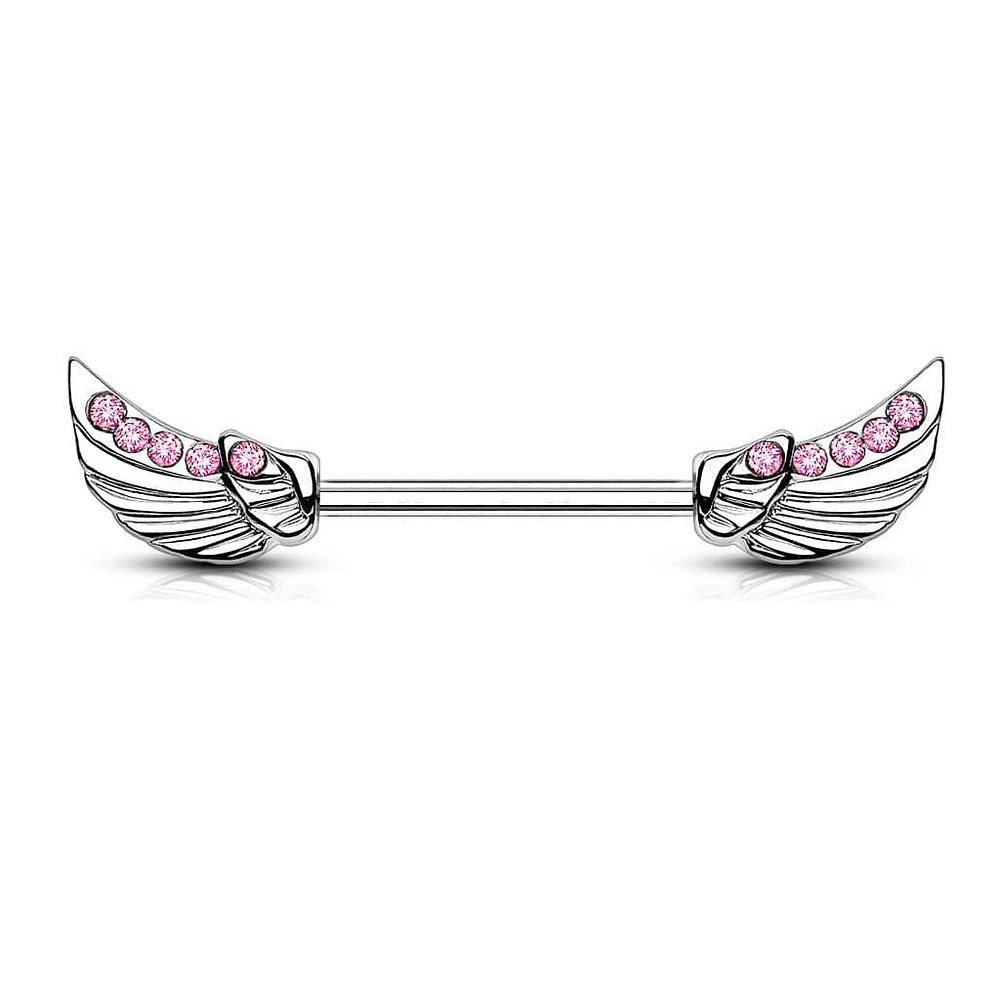 316L Surgical Steel Wing Nipple Ring with Pink Gems