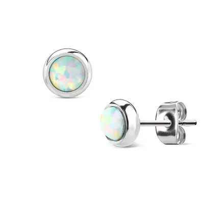 Pair of 6mm Bezel White Opal Surgical Steel Stud Earrings