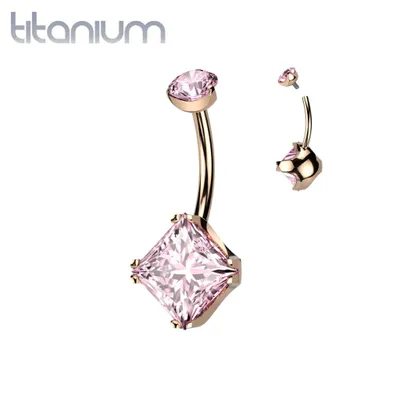 Implant Grade Titanium Rose Gold PVD Pink CZ Simple Square Gem Belly Ring