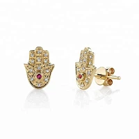 925 Sterling Silver Gold Plated Hamsa Hand with Red Gem Earring