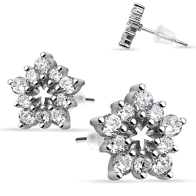 925 Sterling Silver Ultra Clear CZ Crystal Flower Stud Earrings