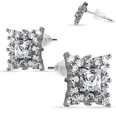 925 Sterling Silver Ultra Clear Paved CZ Crystal Square Princess Cut Stud Earrings