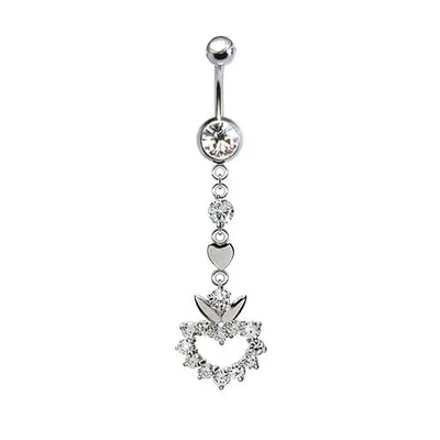 316L Surgical Steel CZ Gem Heart with Flower Top Dangle Belly Ring