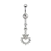 316L Surgical Steel CZ Gem Heart with Flower Top Dangle Belly Ring