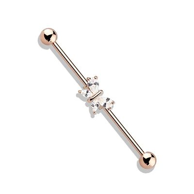 316L Surgical Steel Rose Gold PVD White CZ Gem Butterfly Industrial Barbell