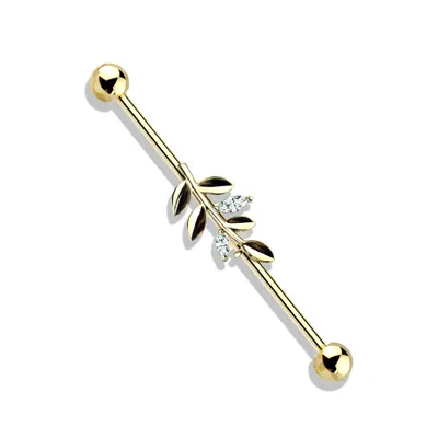316L Surgical Steel Gold PVD White CZ Leaf Industrial Barbell