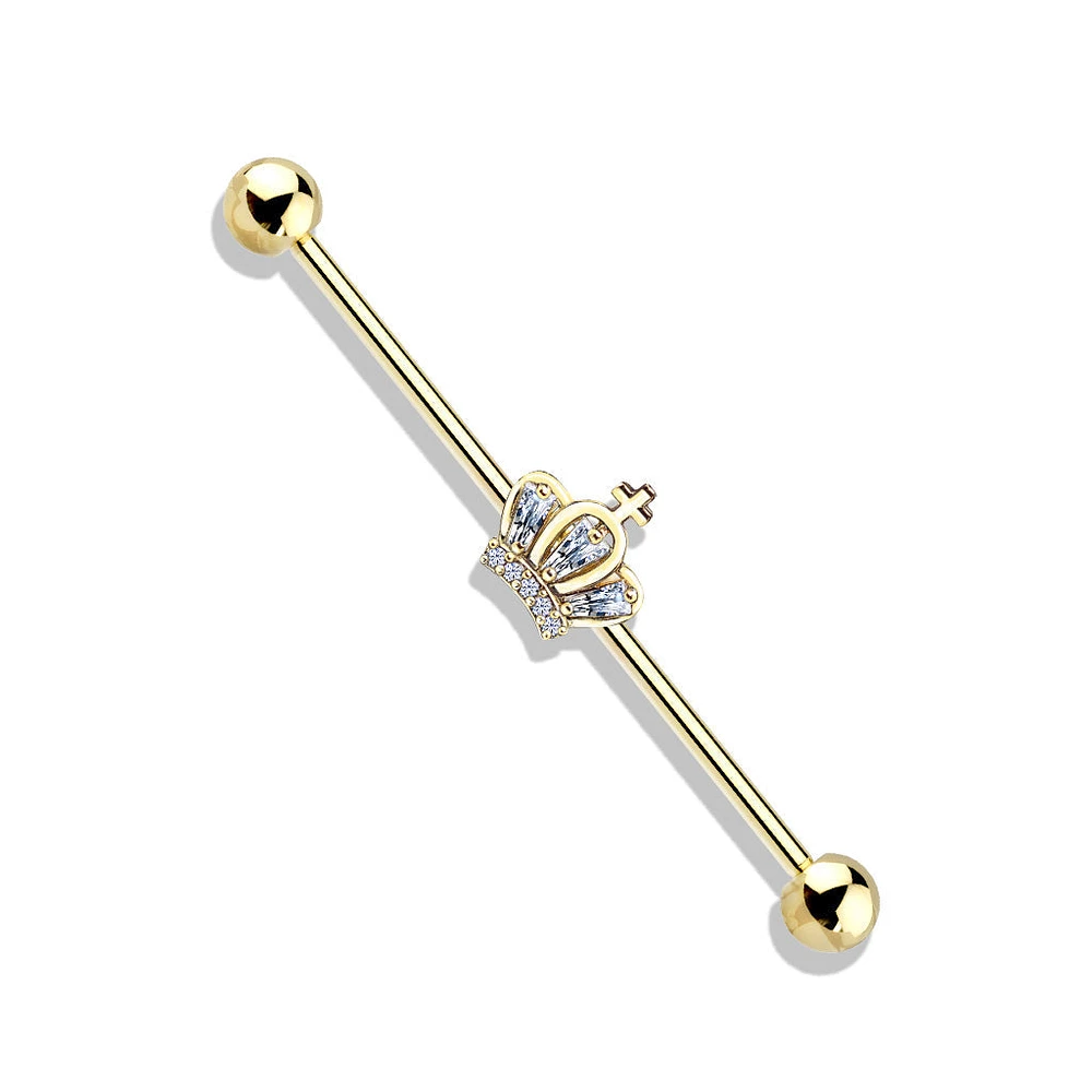 316L Surgical Steel Gold PVD White CZ Crown Industrial Barbell