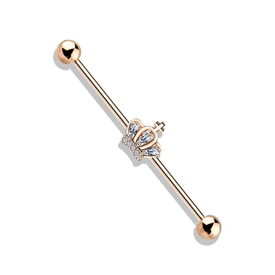 316L Surgical Steel Rose Gold PVD White CZ Crown Industrial Barbell