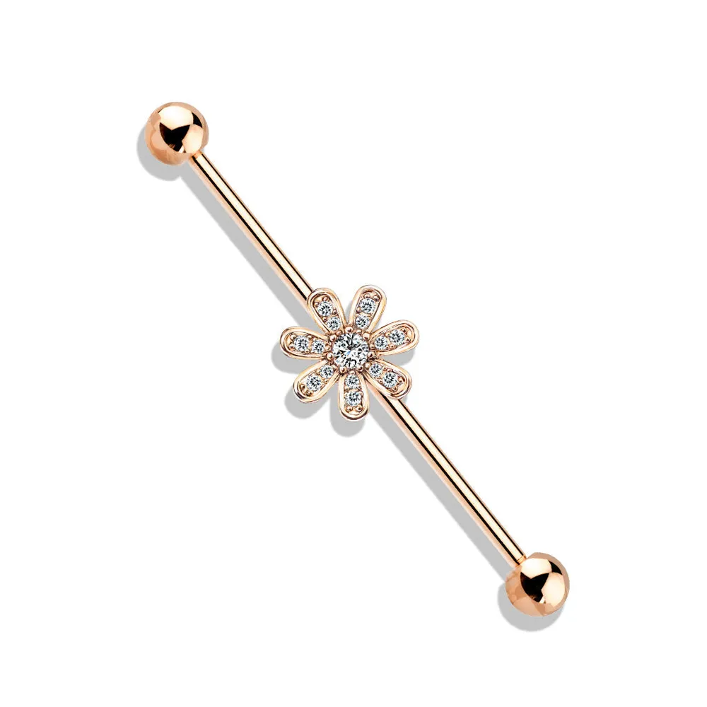 316L Surgical Steel Rose Gold PVD White CZ Gem Flower Industrial Barbell