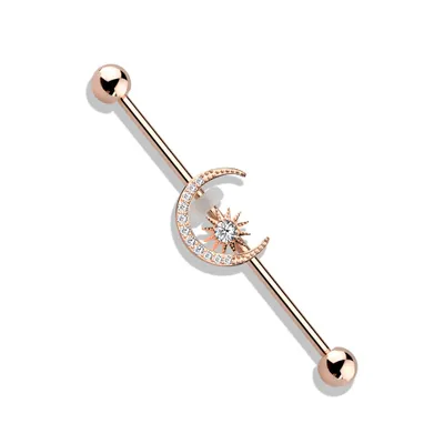 316L Surgical Steel Rose Gold PVD White CZ Gem Moon & Star Industrial Barbell