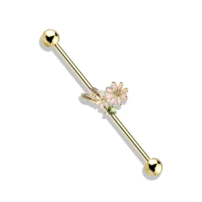 316L Surgical Steel Gold PVD Green CZ Gem With Flowers Industrial Barbell
