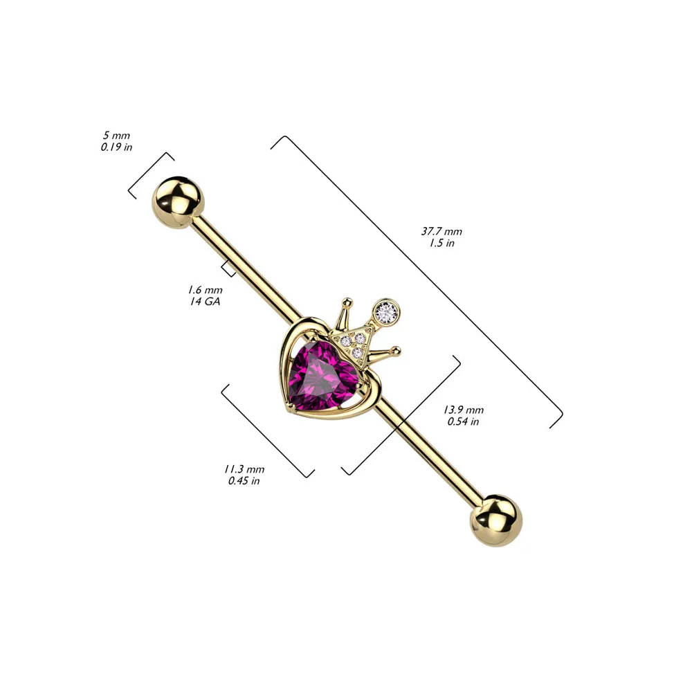 316L Surgical Steel Gold PVD Pink & White CZ Heart Crown Industrial Barbell