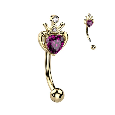 316L Surgical Steel Gold PVD Pink & White CZ Heart Crown Curved Barbell