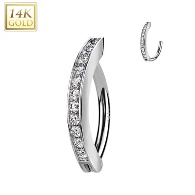 14KT White Gold White CZ Clicker Hoop Hinged Belly Ring