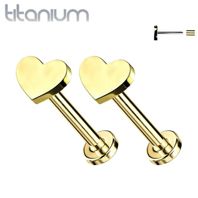 Pair of Implant Grade Titanium Threadless Gold PVD Small Dainty Heart Earring Studs with Flat Back