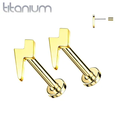 Pair of Implant Grade Titanium Threadless Gold PVD Lightning Bolt Earring Studs with Flat Back