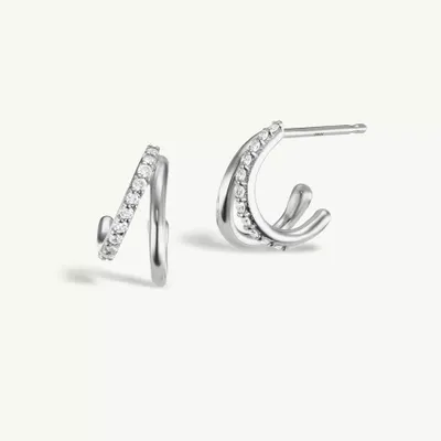 Pair of 925 Sterling Silver Double Hoop White CZ Gem Minimal Stud Earrings