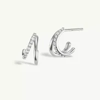 Pair of 925 Sterling Silver Double Hoop White CZ Gem Minimal Stud Earrings