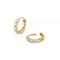 Pair of 925 Sterling Silver Gold PVD Clawed 5 White CZ Gem Minimal Hoop Earrings