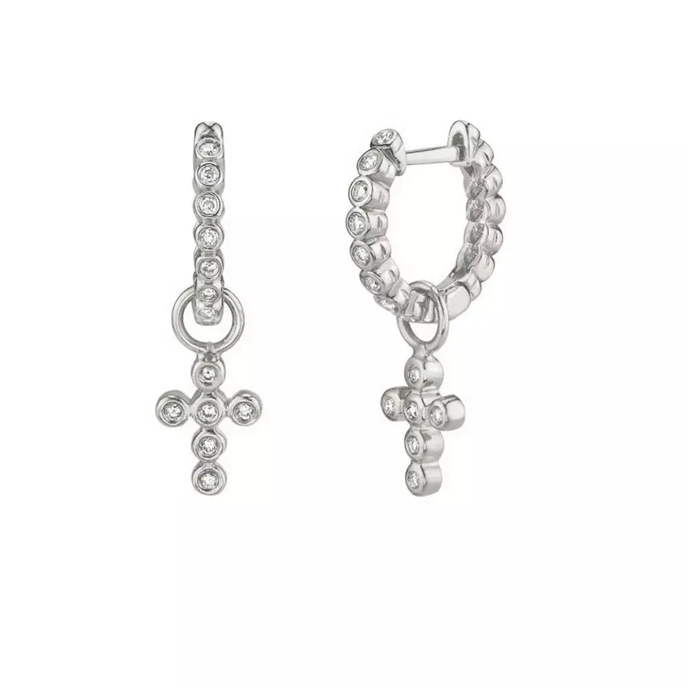 Pair of 925 Sterling Silver White CZ Gem Cross Dangle Minimal Hoop Earrings