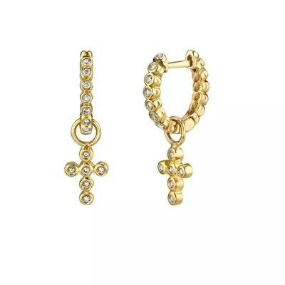Pair of 925 Sterling Silver Gold PVD White CZ Gem Cross Dangle Minimal Hoop Earrings