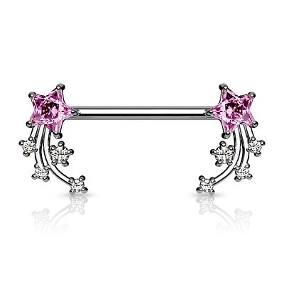 316L Surgical Steel Pink & White CZ Shooting Star Nipple Ring Straight Barbell