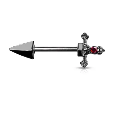 316L Surgical Steel Black PVD Dark Red CZ Sword Dagger Nipple Ring Straight Barbell