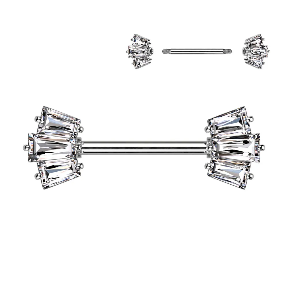 316L Surgical Steel White CZ Triple Baguette Cut Gem Nipple Ring Barbell